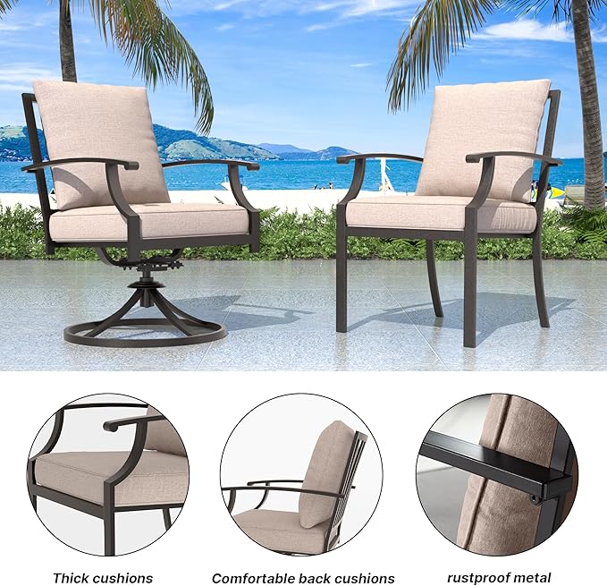 5 Pieces Patio Furniture Set with Round Fire Pit Table, Outdoor Conversation Sets 4 Swivel Chairs with Upgrade Cushions for Patio, Backyard Brown