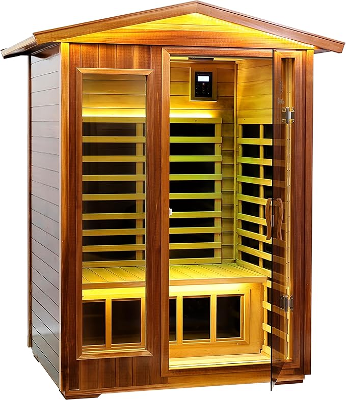 LTCCDSS Outdoor Red Cedar Sauna 2 Person Far Infrared Sauna, Withstand Outdoor Temp -10℉-149℉| Low EMF Sauna Room for Home-9 Low EMF Heaters-Chromotherapys-Bluetooth Speaker