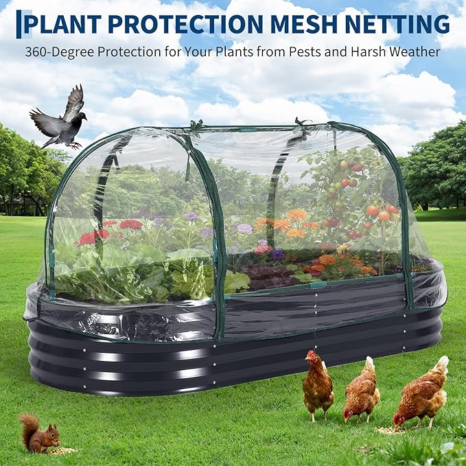 Oval Galvanized Raised Garden Bed Kit with Zippered PVC Cover, Easy Assembly, Thick Metal Outdoor Planter Box for Vegetables, Flowers, Patio Gardening, Grey