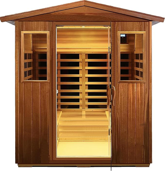 LTCCDSS Ultra-Low EMF Outdoor Sauna 4 Person, Mahogany Far Infrared Sauna for Home EMF Average 0.5 mG, Chromotherapy, Bluetooth Speaker (68.1 * 52.4 * 82.7 inch)
