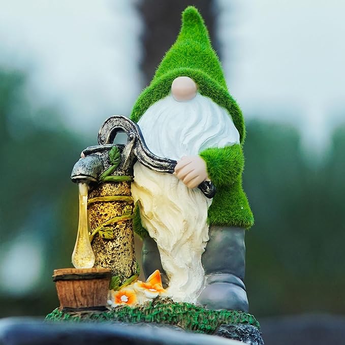Water Pump Gnome Garden Decor for Yard/Lawn/Patio/Deck - Outdoor Weatherproof Statue with Solar Light - Moss Effect - Fun Spring & Summer Charming Gnomes Gifts for Women (Forest Green)