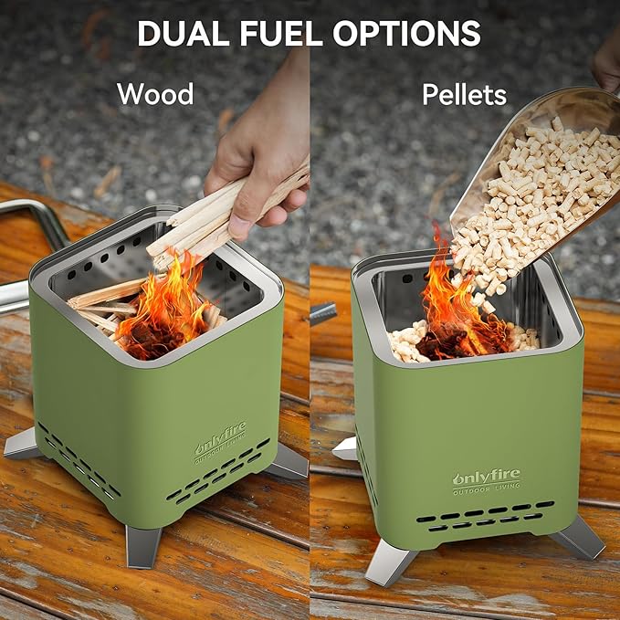 ONLYFIRE OUTDOOR LIVING 2-in-1 Smokeless Fire Pit with Pot Bracket & Carry Bag, Portable Camping Stove, Wood Burning Mini Tabletop Fireplace for Patio Backyard RV Tailgating, Green 7.8", #FP051