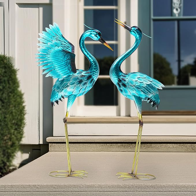 Ultym 36.75in Metal Heron Garden Statue Handmade Oversize Crane Sculptures with Stable Ground Stakes, Backyard Decoration, Metal Garden Art