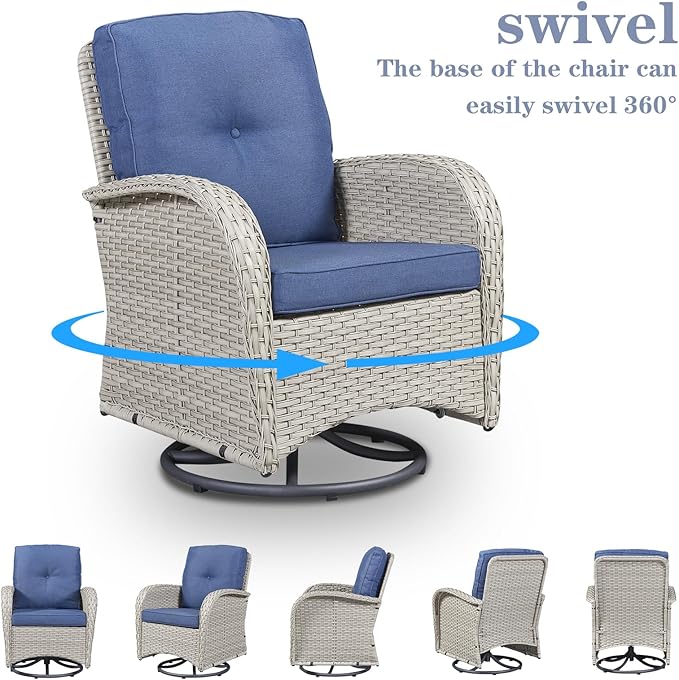 Belord Patio Conversation Sets Wicker Furniture, 7 PCS Outdoor Swivel Rocker Furniture Set for Patio Deck Poolside, 2 Swivel Rockers 2 Club Chairs 2 Rattan Tables 1 Loveseat Included, Blue Cushion