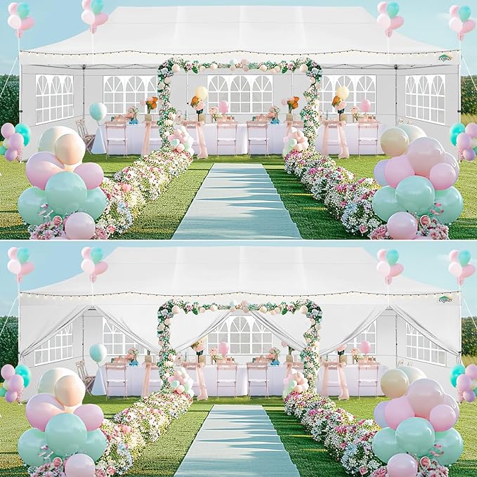 COBIZI 10x30 Pop up Canopy with Wheeled Bag & 8 Removable Sidewalls, Outdoor Canopy Waterproof Commercial Tents for Parties Wedding, with Upgrade Raised Top Cover Roller Bag, with 4 Sandbags(White)