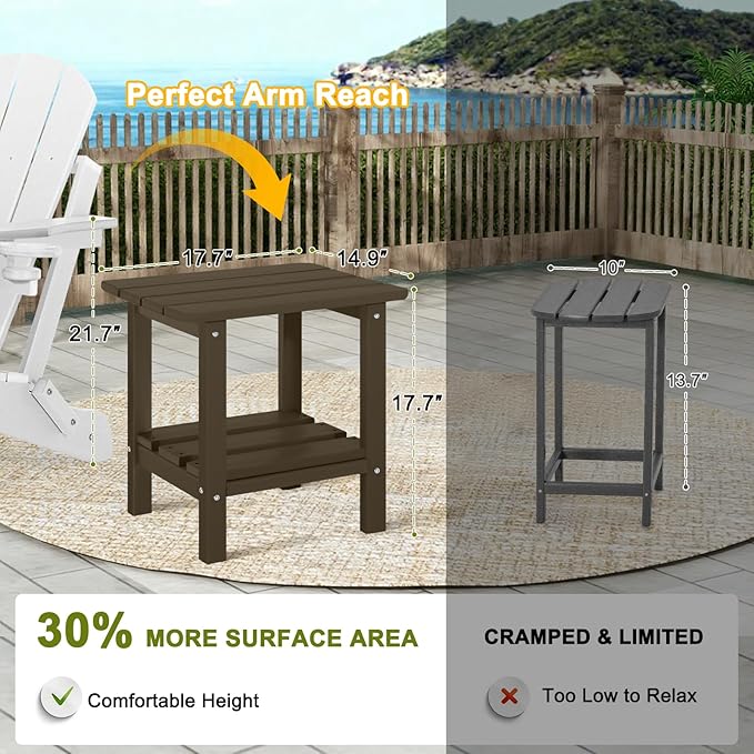 Set of 2 Adirondack Outdoor Side Table, 2-Tier Small Patio End Table, Weather Resistant HDPE Outdoor End Tables for Garden, Lawn, Pool, Beach, Porch, Deck, Backyard - Square, Dark Brown