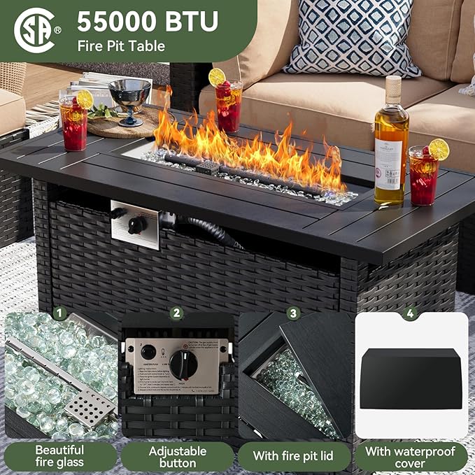 Aoxun 12 Piece Patio Furniture Set with 44” Fire Pit Table Wicker Rattan Patio Sectional Sofa Set Outdoor Seating Furniture with Thickened Cushion, Beige