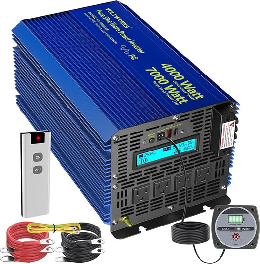 4000W Pure Sine Wave Inverter 24V DC to 110V 120V Power Inverter 7000W Surge Peak Power for 2S, FCC Approved, 4AC Outlets, Fast Charging USB, LCD Display, Wireless Remote for RV Off-Grid Solar Car