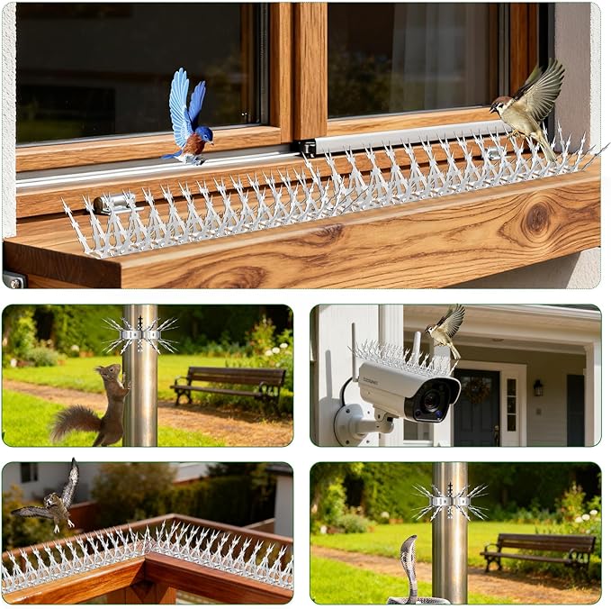 Bird Spikes for Outside, 24 Pack Stainless Steel Squirrel Spikes & Baffles for Garden, Deter Birds Pigeon Squirrel Cat Raccoon Snake from Fence Roof Window Bird Feeder Poles (24FT)