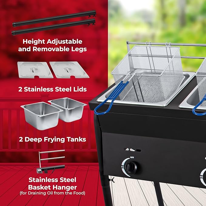 Cast Iron Black Deep Fryer | Two Tank Outdoor Propane Deep Fryer With 2 Stainless Steel Baskets & Lids | Adjustable Temperature Gas Fryer With Regulating Knobs | Large Oil Tanks Capacity