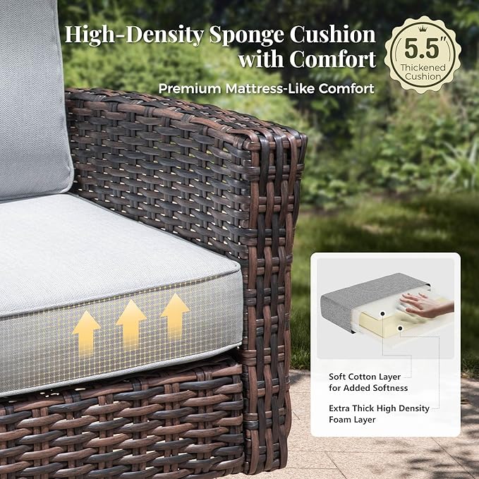 8-Piece Wicker Patio Furniture Set with 57'' Fire Pit Table, High Back Outdoor Furniture with Swivel Chairs and Ottoman, All-Weather Wicker Patio Conversation Set for Deck Yard Pool, Grey