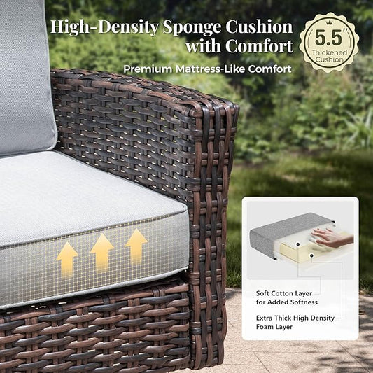 5-Piece Wicker Patio Furniture Set with Swivel Chairs, High Back Outdoor Furniture with 5.5-inch Thick Cushion and Ottoman, All-Weather Wicker Patio Conversation Set for Deck Yard Pool, Grey