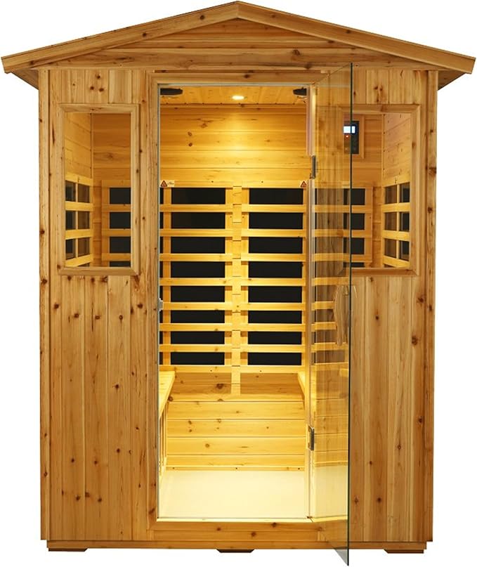 Outdoor Sauna 4 Person Infrared Saunas for Home, 2050watt Canadian Hemlock Wooden Large Sauna Room with Blue-Tooth, 4 Chromo Therapy Lighting, 2 LCD Control