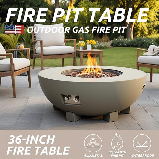 36-Inch Round Propane Fire Pit,Outdoor Patio Round Fire Bowl,Gas Firepit with Lid, Lava Rocks, Rain Cover for Patio, Backyard, Deck,50,000BTU Outdoor Modern Patio Fire Pit