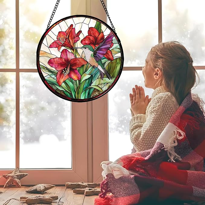 AMDERVEN Stained Glass Window Hanging - Hummingbird On Red Lily Flower Sun Catcher for Door Garden Decor Suncatcher Christmas Mother's Day Birthday Gifts for Bird Lovers Women Men Mom Nana 7.8 in