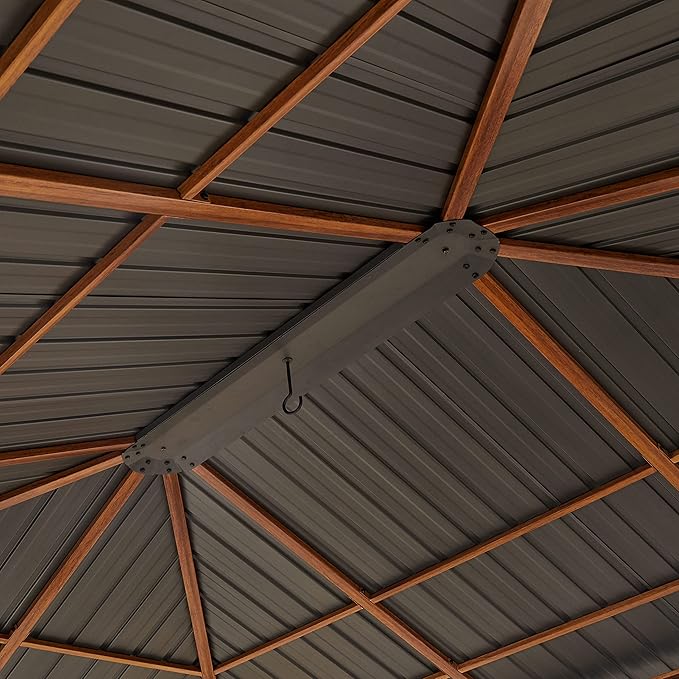 TOOLPORT Hardtop Gazebo 10x13 ft - Wood-Effect Finish - Steel Roof - 4 Side Panels in Champagne
