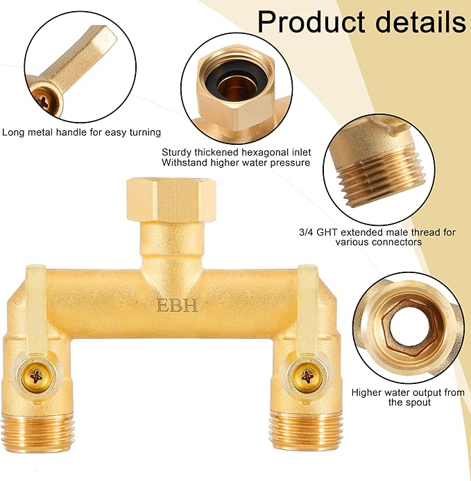 EBH Garden Hose Splitter, Full Flow Outdoor Faucet Splitter, 2-Way High Flow Brass Heavy Duty Hose Splitter with Long Metal Handle。