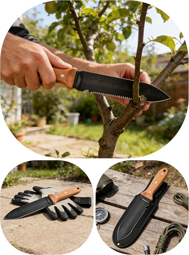 Hori Hori Garden Knife -Stainless Steel Blade with Oxford Sheath, Multi-Purpose Gardening Tool for Weeding, Digging, Planting, Cutting, Ergonomic Wooden Handle with Hanging Hole Gardening Hand Tools