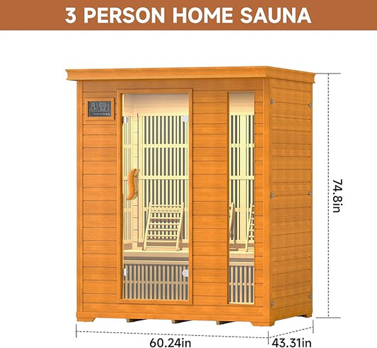 springspa 3 Person Infrared Sauna Indoor, 15amp Low EMF Far Infrared Canadian Hemlock Sauna with 2 LCD Panels, Bluetooth