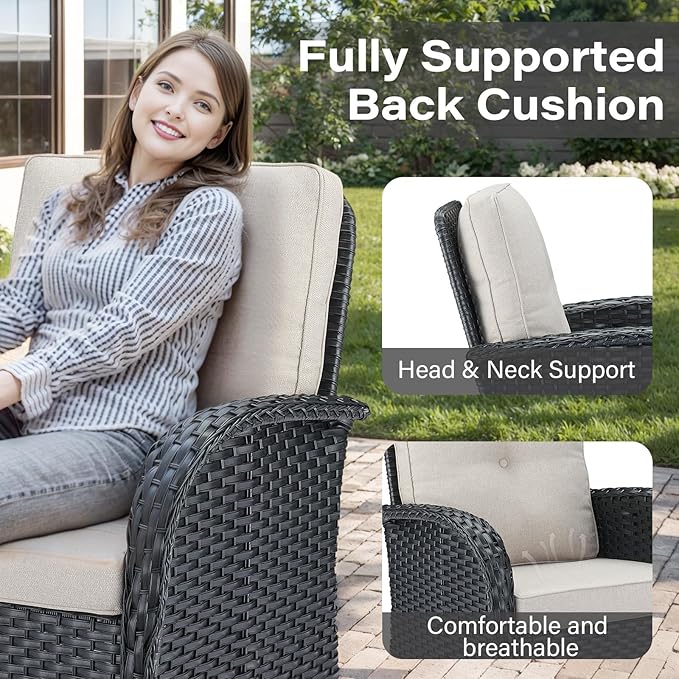 Belord 5 Piece Wicker Patio Furniture Set - Outdoor Conversation Sets with Deep Seating Swivel Rocker Chairs Loveseat and Rattan Coffee Table for Deck Backyard Poolside, Black Wicker/Beige Cushion