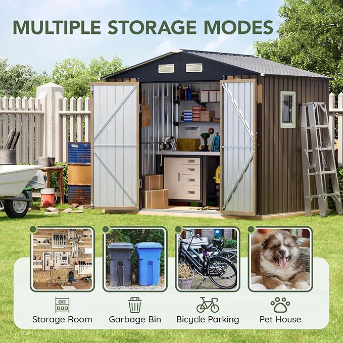6x8FT Outdoor Metal Storage Shed with Floor Frame,Double Door, 1 Clear Window, Tool Shed for Garden, Patio, Backyard Brown