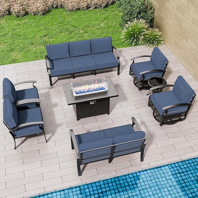 Aluminum Patio Furniture Set with Fire Pit Table, 9 Seats Outdoor Patio Conversation Set with Swivel Chair Modern Metal Patio Sectional Sofa with Upgrade Cushions for Patio, Backyard (Navy)