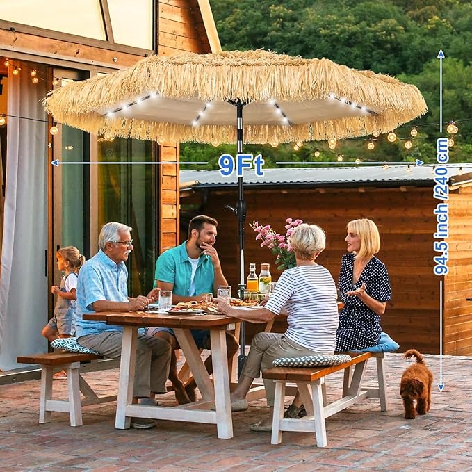 9 FT Solar Thatch Tiki Umbrella, Hawaiian Style Straw Umbrella, UPF 50+ Patio Umbrellas with 32 LED Lights for Beach, Pool,Garden