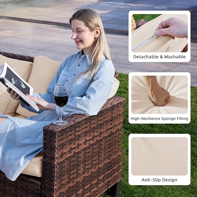 UDPATIO Patio Furniture Set, 6 Pieces Outdoor Furniture Sets with Rocking Swivel Chairs, Wicker Rattan Outdoor Conversation Set with Storage Table and Waterproof Covers for Backyard Deck Porch, Khaki