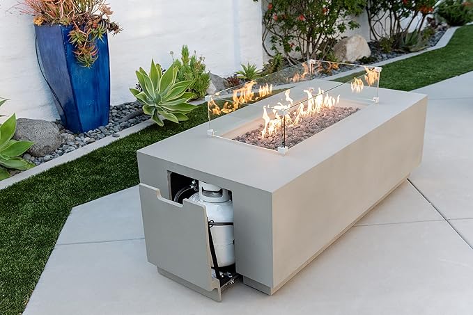 AMS Creations | Sedona Fire Pit Table with Pull-Out Propane Tank Storage Drawer | Concrete Rectangular Propane Fire Pit | Modern Outdoor Furniture | Lava Rock and Fabric Cover Included. (Light Grey)