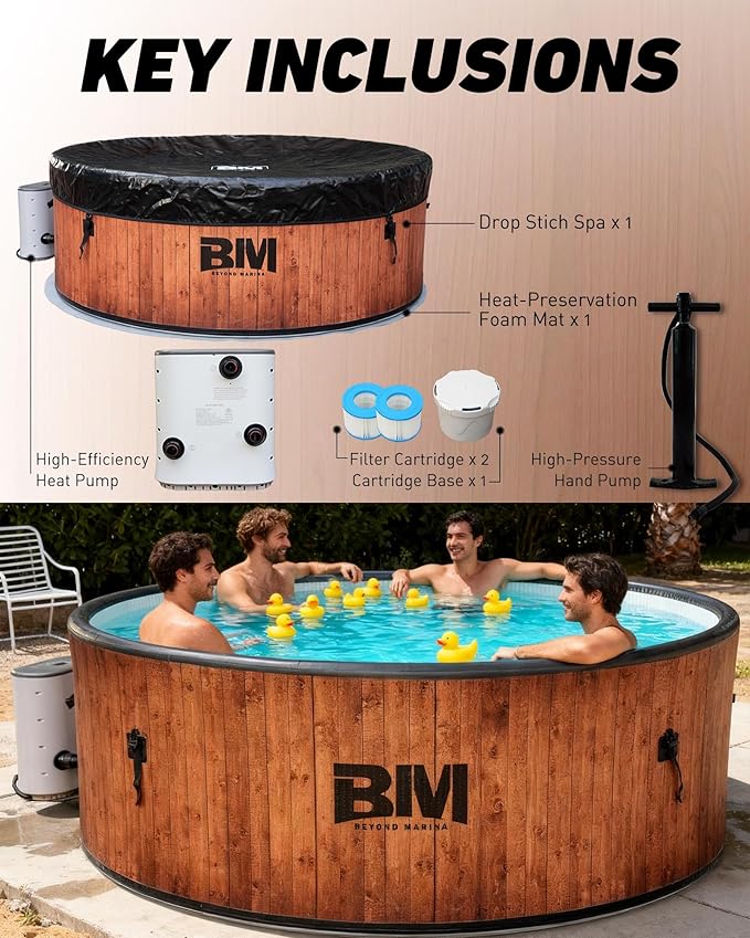 Beyond Marina Inflatable Hot Tub, 7 Person Outdoor Portable Spa, Drop Stitch Wood Grain Hot Tub with Bubble Massage System for Home and Personal Relaxation, Fast Heating, Foam Mats