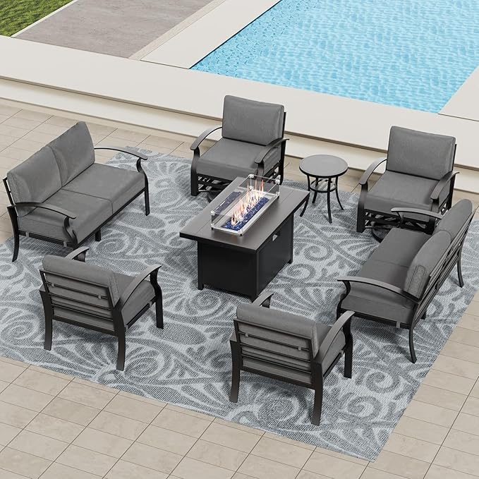 Aluminum Patio Furniture Set with Fire Pit Table, 8 Seats Outdoor Patio Conversation Set with Swivel Chair Modern Metal Patio Sectional Sofa with Upgrade Cushions for Patio, Backyard (Grey)