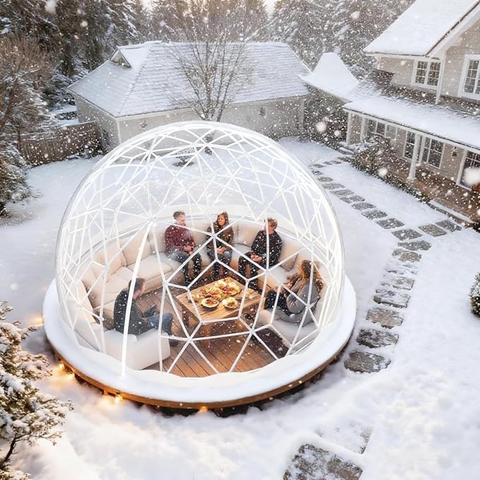 12FT Garden Dome Tent, Geodesic Dome Greenhouse with PVC Clear Cover, Waterproof Garden Bubble Dome Tent House with 2 x 10M Light Strings for Outdoor, Patio, Party