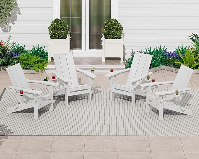 SERWALL Modern Folding Adirondack Chair Set of 4, Weather Resistant HDPE Outdoor Adirondack Chair with Cup Holders, Fire Pit Chairs for Patio Lawn Garden, White