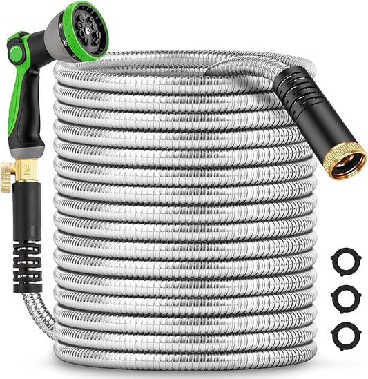 150Ft Metal Garden Hose durable stainless steel Water Hose, flexible, lightweight hose is resistant to kinks and tangles.With 10-way nozzle, strong 3/4” metal fittings, and a Stop Valve.