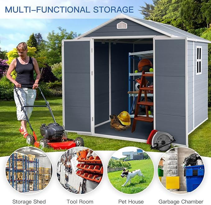 6 ft x 8 ft Resin Outdoor Storage, Plastic Garden Sheds with Floor and Lockable Door for Backyard, Lawn, Grey