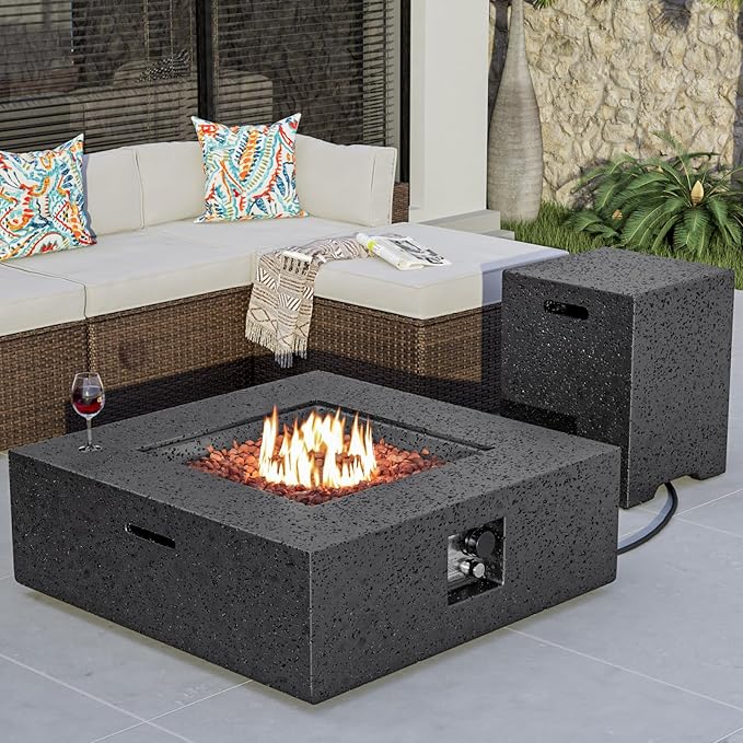 COSIEST Outdoor Propane Fire Pit Coffee Table w Square Faux Stone 35-inch Base, Certified, 50,000 BTU Stainless Steel Burner, Free Lava Rocks and Rain Cover,Tank Cover, Gray