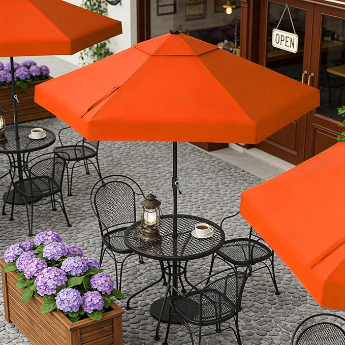 CROWN SHADES 9 Ft Patio Umbrella with Auto-Tilt & Olefin Fabric - Patented 90° Edge Connection Wind Resistant, Outdoor Umbrella for Table, Pool, Beach, Effortless Crank System