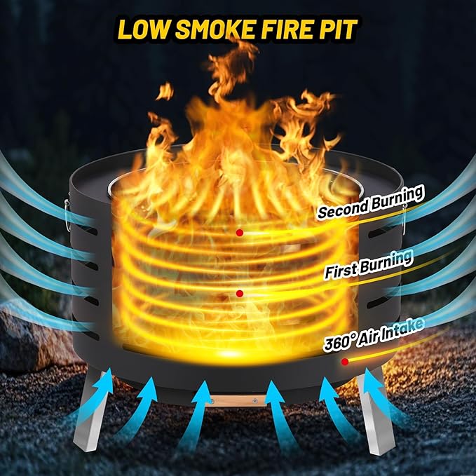 26 Inch Smokeless Fire Pit, Large Outdoor Wood Burning Firepit with Removable Ash Pan & Waterproof Cover, Fire Poker, Lid, Portable Fire Pits for Outdoor Patio, Bonfire, Camping, Backyard
