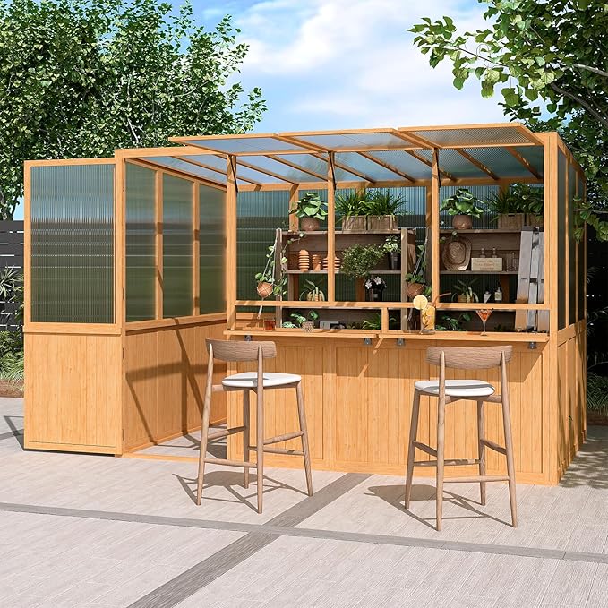 U-MAX 6x10 Ft Wood Greenhouse for Outdoors with Openable Window & Lockable Door, Heavy Duty Lean to Walk in Greenhouse with Polycarbonate Panel for Outside, Garden and Backyard