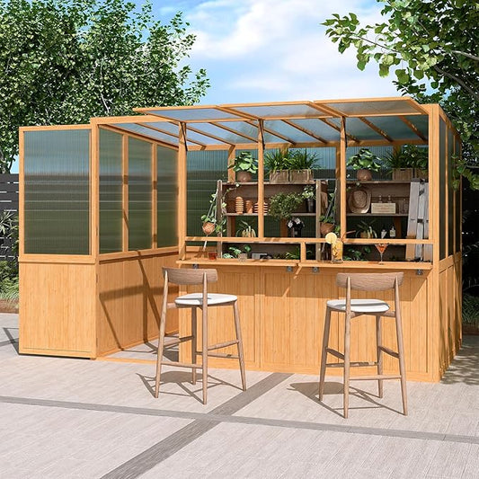 U-MAX 6x10 Ft Wood Greenhouse for Outdoors with Openable Window & Lockable Door, Heavy Duty Lean to Walk in Greenhouse with Polycarbonate Panel for Outside, Garden and Backyard
