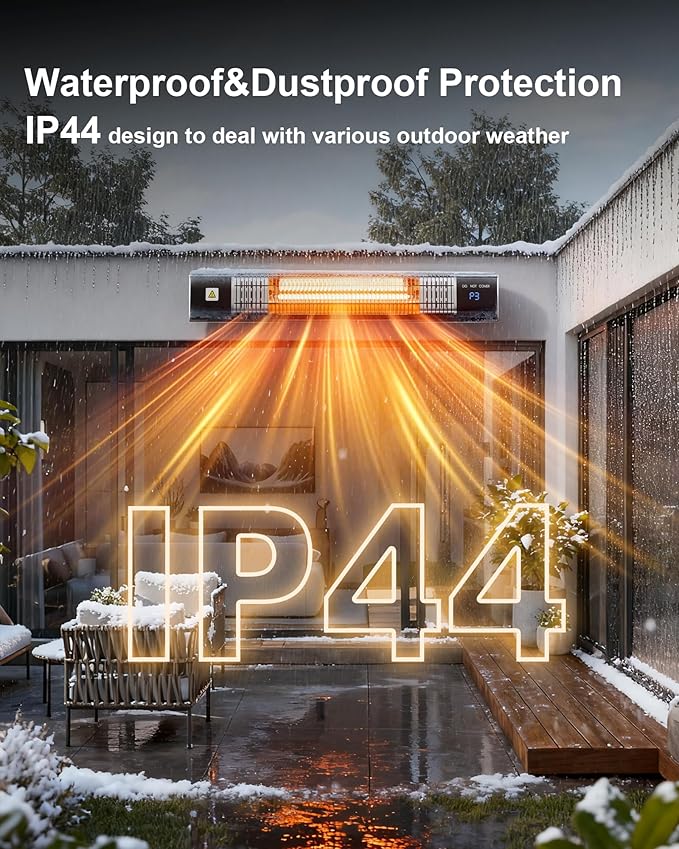 MEPTY Electric Patio Heaters for Outdoor Use, Infrared Outdoor Heater with Remote, Waterproof, Timer, 3 Heating Level, Quiet, Overheat Protection, Wall Heater for Backyard, Porch, Garage
