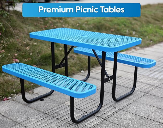 4FT Metal Picnic Tables for Outdoors, Commercial Rectangular Picnic Table and Bench Set for Outside, Patio, Garden, Backyard, Porch, Surface Mount, Blue