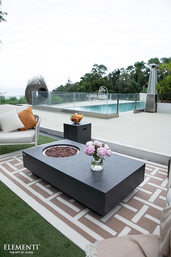 Elementi | Bundle Metropolis Gas Fire Pit Cast Concrete 56" Rectangular Fire Table, Outdoor Fire Pit Electronic Ignition | Canvas Cover, Lava Rock Included | Dark Gray (Propane Gas)