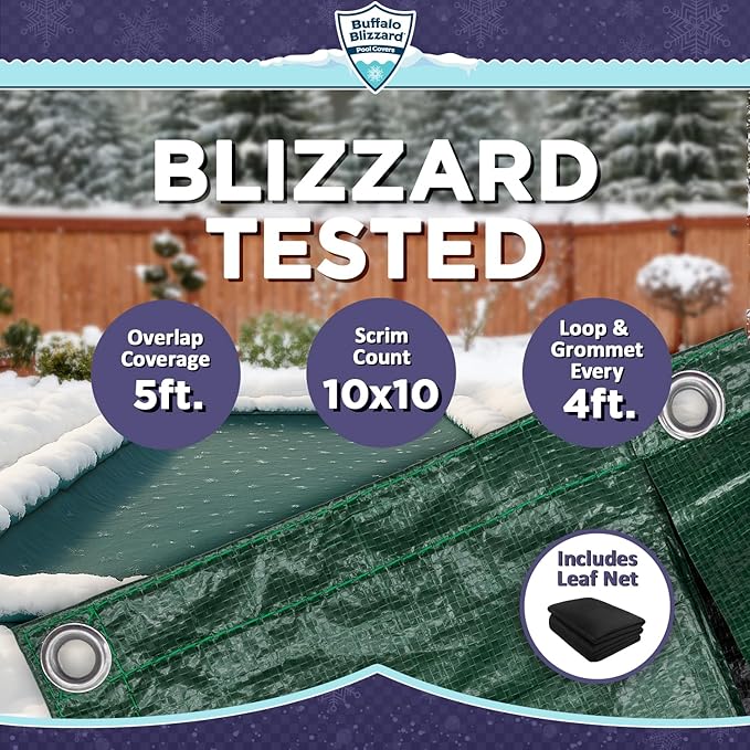 Buffalo Blizzard Supreme Winter Cover Bundle for 20 ft x 44 ft Rectangle Inground or Above Ground Swimming Pools | Green/Black with 5 ft Overlap | Includes Leaf Net Cover