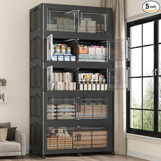 800 QT Extra Large Stackable Storage Bins with Lid, 200 Gal Collapsible Storage Box with Wheels, Folding Closet Organizers and Storage Cabinet with Doors for Home, Kitchen, Office, 5Pack Black
