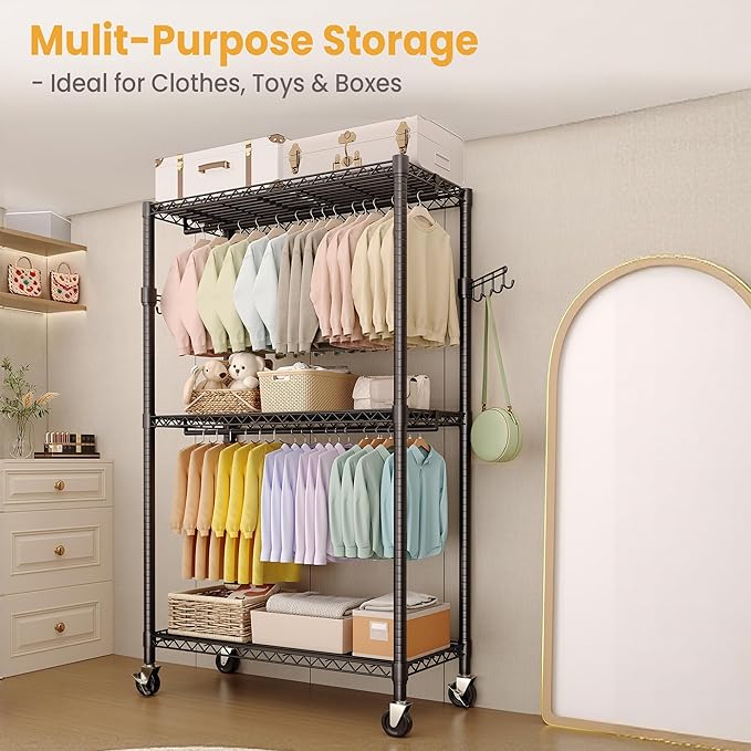 Heavy Duty Rolling Clothes Rack with 22 mm pipes, 694LBS Metal Garment Rack for Hanging Clothes, Freestanding Clothing Racks with Adjustable Storage Shelves Hanging Rod & Side Hooks