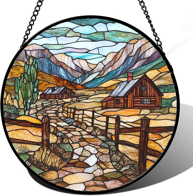 QZQCBLC Stained Glass Window Hanging Mountain Ranch Rural Life 6.3" - Cactus Suncatcher Door Terrace Garden Sun Catcher Home Decor Birthday Christmas for Mom Men Woman Friend