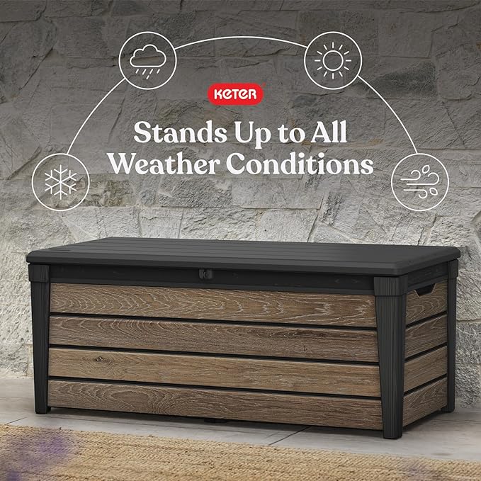 Keter Signature Collection 120 Gallon Resin Deck Box Organization and Storage Box for Patio Outdoor Cushions, Throw Pillows, Garden Tools and Pool Supplies, Walnut
