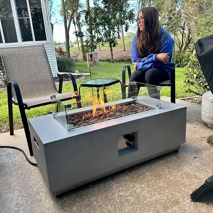 42" Rectangular Propane Fire Pit – 50,000 BTU Fire Table with Rain Cover, Rocks – Backyard Fire Pits Outdoor – Propane Gas Fireplace for Deck or Patio