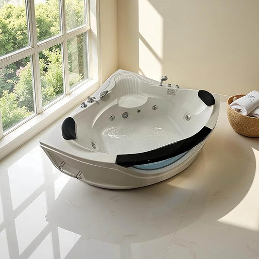 59"x59" Jetted Corner Tubs with 6 Whirlpool Nozzles, 2 Person Massage Whirlpool Bathtub with Pillows, Hydro Massage, Chromatherapy LED Lights, Certified Water Pump, Pneumatic Adjust System